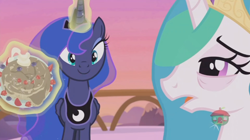 Size: 1232x690 | Tagged: safe, screencap, character:princess celestia, character:princess luna, species:alicorn, species:pony, episode:a royal problem, g4, my little pony: friendship is magic, bags under eyes, cute, female, food, lunabetes, mare, pancakes, smiling, tired, trolluna, when she smiles