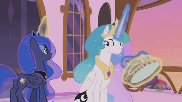 Size: 710x398 | Tagged: safe, screencap, character:princess celestia, character:princess luna, species:alicorn, species:pony, episode:a royal problem, g4, my little pony: friendship is magic, animated, duo, eating, ethereal mane, faec, female, food, gif, magic, magic aura, mare, pancakes, royal sisters, sisters, swapped cutie marks, telekinesis, wide eyes