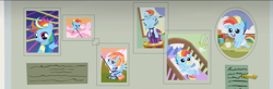 Size: 3277x1080 | Tagged: safe, screencap, character:rainbow dash, character:windy whistles, species:pony, episode:parental glideance, g4, my little pony: friendship is magic, baby, baby dash, baby pony, braces, child harness, child leash, crib, cute, dashabetes, female, filly, filly rainbow dash, foal, harness, headgear, highchair, indoors, leash, pacifier, scrapbook, tack, wide, younger