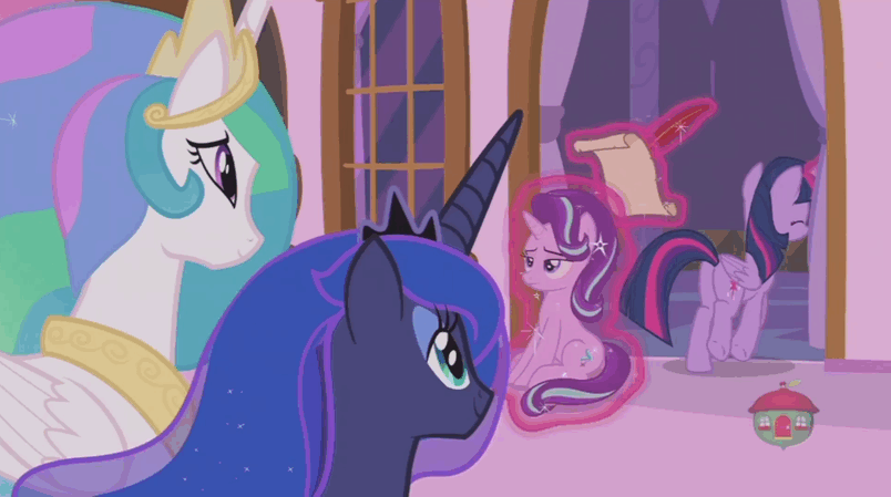 Size: 804x449 | Tagged: safe, screencap, character:princess celestia, character:princess luna, character:starlight glimmer, character:twilight sparkle, character:twilight sparkle (alicorn), species:alicorn, species:pony, episode:a royal problem, g4, my little pony: friendship is magic, animated, female, gif, magic, mare, starlight is not amused, telekinesis, unamused