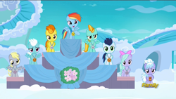 Size: 1920x1080 | Tagged: safe, screencap, character:cloudchaser, character:derpy hooves, character:fleetfoot, character:flitter, character:lightning dust, character:rainbow dash, character:soarin', character:spitfire, species:pegasus, species:pony, episode:parental glideance, g4, my little pony: friendship is magic, female, filly, mare