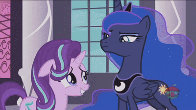 Size: 400x225 | Tagged: safe, screencap, character:princess luna, character:starlight glimmer, species:pony, episode:a royal problem, g4, my little pony: friendship is magic, animated, backfire, gif, royal guard, scared, swapped cutie marks, traditional royal canterlot voice