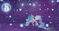 Size: 1366x724 | Tagged: safe, screencap, character:derpy hooves, character:princess celestia, species:alicorn, species:pony, episode:a royal problem, g4, my little pony: friendship is magic, cape, clothing, crown, dream orbs, dream realm, dream walker celestia, dreamscape, female, jewelry, mare, queen derpy, regalia, scepter, throne, twilight scepter, underp