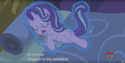 Size: 1920x970 | Tagged: safe, screencap, character:starlight glimmer, species:pony, episode:a royal problem, g4, my little pony: friendship is magic, aragorn, cute, implied shipping, lord of the rings, meme, sleeping, solo, youtube caption