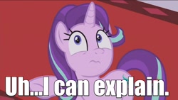 Size: 1366x768 | Tagged: safe, screencap, character:starlight glimmer, species:pony, species:unicorn, episode:a royal problem, g4, my little pony: friendship is magic, 3:, canterlot castle, carpet, expression, female, frown, i can explain, image macro, looking at you, mare, meme, oops, prehibernation week, raised hoof, red carpet, solo, spongebob squarepants, treehouse logo, uhh i can explain, underhoof, wide eyes