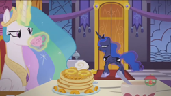 Size: 1366x768 | Tagged: safe, screencap, character:princess celestia, character:princess luna, species:alicorn, species:pony, episode:a royal problem, g4, my little pony: friendship is magic, alicorns only, banner, bowl, canterlot castle, chair, cup, dining room, dining table, door, duo, duo female, female, food, glowing horn, irritated, mare, pancakes, scrunchy face, squint, stained glass, teacup, treehouse logo, whipped cream