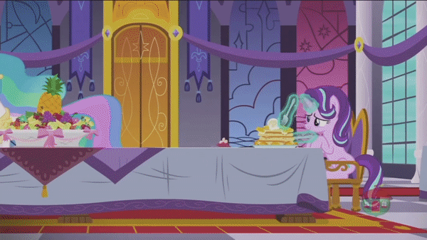 Size: 600x337 | Tagged: safe, screencap, character:princess celestia, character:princess luna, character:starlight glimmer, species:alicorn, species:pony, episode:a royal problem, g4, my little pony: friendship is magic, animated, bags under eyes, banana, eating, female, food, gif, majestic as fuck, mare