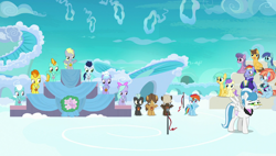 Size: 1920x1090 | Tagged: safe, screencap, character:alula, character:bow hothoof, character:cloudchaser, character:derpy hooves, character:dumbbell, character:fleetfoot, character:flitter, character:hoops, character:lightning dust, character:pluto, character:rainbow dash, character:soarin', character:spitfire, character:sunshower raindrops, character:thunderlane, character:windy whistles, species:pony, ship:windyhoof, episode:parental glideance, g4, my little pony: friendship is magic, colt, female, filly, laurette, male, mare, podium, rainbow dash's parents, younger