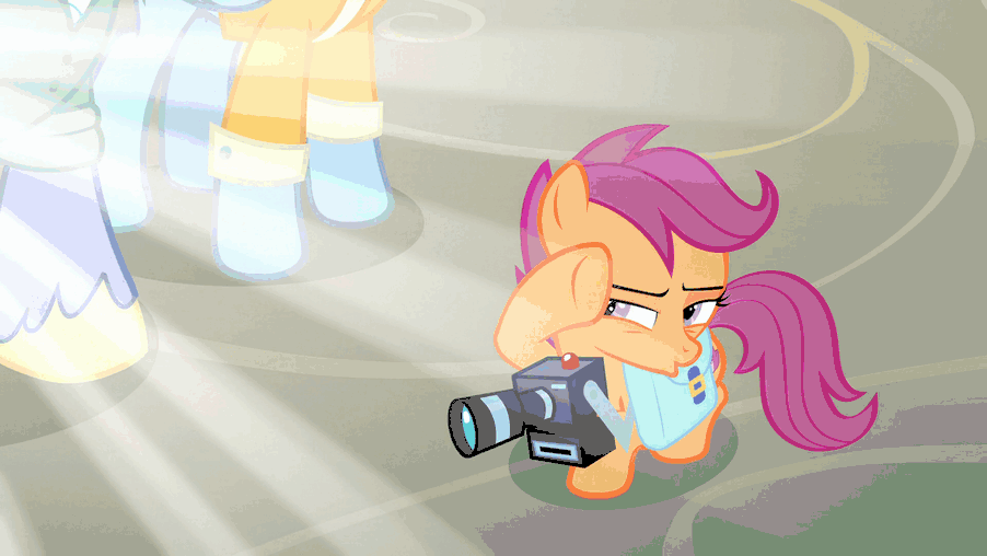 Size: 902x508 | Tagged: safe, screencap, character:bow hothoof, character:scootaloo, character:windy whistles, species:pegasus, species:pony, ship:windyhoof, episode:parental glideance, g4, my little pony: friendship is magic, animated, camera, credit joke, gif, rainbow dash's parents, trio