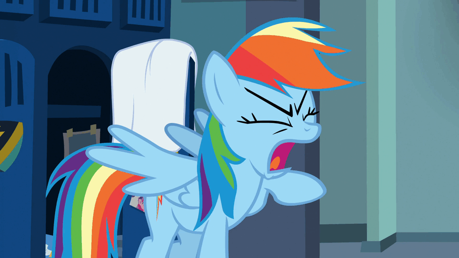 Size: 941x529 | Tagged: safe, screencap, character:rainbow dash, species:pony, episode:parental glideance, g4, my little pony: friendship is magic, angry, animated, feather fingers, female, gif, locker room, mare, solo, wing gesture, wing hands