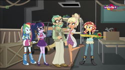 Size: 1600x900 | Tagged: safe, screencap, character:rainbow dash, character:sunset shimmer, character:twilight sparkle, character:twilight sparkle (scitwi), species:eqg human, equestria girls:movie magic, g4, my little pony:equestria girls, boots, bow tie, box, canter zoom, chestnut magnifico, clothing, compression shorts, geode of super speed, geode of telekinesis, glasses, hair bun, high heel boots, high heels, jacket, leather jacket, lidded eyes, magical geodes, mary janes, necklace, pendant, ponytail, raised leg, shoes, skirt, socks, wristband