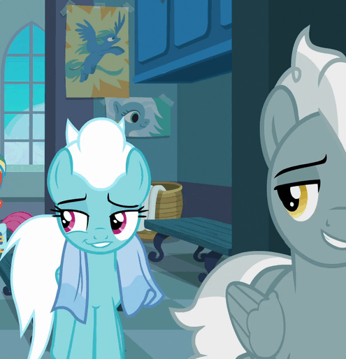 Size: 495x514 | Tagged: safe, screencap, character:fleetfoot, character:scootaloo, character:silver lining, species:pegasus, species:pony, episode:parental glideance, g4, my little pony: friendship is magic, animated, cropped, faec, gif, smiling, smirk