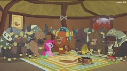 Size: 1920x1080 | Tagged: safe, screencap, character:gummy, character:pinkie pie, character:prince rutherford, species:pony, species:yak, episode:not asking for trouble, g4, my little pony: friendship is magic, cloven hooves, female, gramophone, male