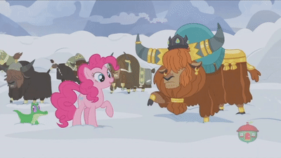 Size: 400x225 | Tagged: safe, screencap, character:gummy, character:pinkie pie, character:prince rutherford, species:earth pony, species:pony, species:yak, episode:not asking for trouble, g4, my little pony: friendship is magic, alligator, animated, crown, digging, drill hair, ear piercing, earring, gif, horn ring, jewelry, piercing, pinkie being pinkie, regalia, snow