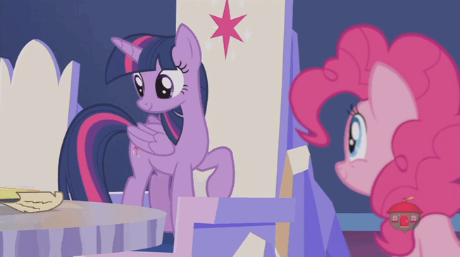Size: 653x365 | Tagged: safe, screencap, character:pinkie pie, character:twilight sparkle, character:twilight sparkle (alicorn), species:alicorn, species:earth pony, species:pony, episode:not asking for trouble, g4, my little pony: friendship is magic, ambassador badge, animated, book, cute, diapinkes, eyes closed, female, gif, grin, happy, levitation, magic, mare, open mouth, rearing, ribbon, sitting, smiling, squee, talking, telekinesis, twilight's castle