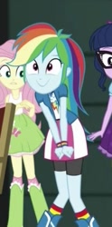 Size: 245x494 | Tagged: safe, screencap, character:fluttershy, character:rainbow dash, character:twilight sparkle, character:twilight sparkle (scitwi), species:eqg human, equestria girls:movie magic, g4, my little pony:equestria girls, boots, bracelet, c:, clothing, compression shorts, cropped, cute, dashabetes, excited, geode of super speed, glasses, jewelry, knees pressed together, knees rubbing together, legs, magical geodes, ponytail, pose, rainbow dash is best facemaker, skirt, smiling, socks, wristband