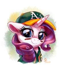 Size: 2600x2900 | Tagged: safe, artist:whitediamonds, character:rarity, species:pony, species:unicorn, baseball cap, bust, cap, clothing, commission, cute, eye black (makeup), eyeshadow, face paint, female, floppy ears, hat, makeup, mare, mlb, oakland athletics, portrait, raribetes, shirt, simple background, smiling, solo, sports, white background