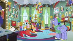 Size: 1920x1090 | Tagged: safe, screencap, character:bow hothoof, character:rainbow dash, character:scootaloo, character:windy whistles, species:pegasus, species:pony, ship:windyhoof, episode:parental glideance, g4, my little pony: friendship is magic, award, camera, chair, dashmentos, medal, rainbow dash's parents, ribbon, trio, trophy