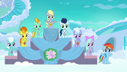 Size: 1920x1090 | Tagged: safe, screencap, character:cloudchaser, character:derpy hooves, character:fleetfoot, character:flitter, character:lightning dust, character:rainbow dash, character:soarin', character:spitfire, species:pony, episode:parental glideance, g4, my little pony: friendship is magic, female, filly, filly derpy, medal, podium, spread wings, underp, wingboner, wings, younger