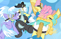 Size: 600x389 | Tagged: safe, screencap, character:bulk biceps, character:cloudchaser, character:meadow flower, character:starry eyes, character:sunshower raindrops, character:thunderlane, species:pony, episode:wonderbolts academy, clothing, crash, goggles, uniform, wonderbolt trainee uniform
