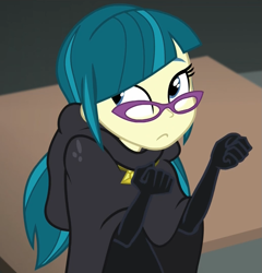 Size: 1035x1077 | Tagged: safe, screencap, character:juniper montage, equestria girls:movie magic, g4, my little pony:equestria girls, bodysuit, cape, clothing, cropped, female, glasses, solo