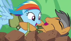 Size: 759x433 | Tagged: safe, screencap, character:quibble pants, character:rainbow dash, species:earth pony, species:pegasus, species:pony, episode:stranger than fanfiction, eyes closed, female, happy, laughing, male, mare, rock pit, shipping fuel, stallion, tackle