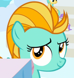 Size: 500x525 | Tagged: safe, screencap, character:alula, character:lightning dust, character:pluto, character:sunshower raindrops, species:pony, episode:parental glideance, g4, my little pony: friendship is magic, cropped, cute, dustabetes, female, filly, solo focus, younger