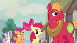 Size: 1920x1080 | Tagged: safe, screencap, character:apple bloom, character:big mcintosh, character:scootaloo, character:sweetie belle, species:pegasus, species:pony, episode:hard to say anything, g4, my little pony: friendship is magic, cutie mark crusaders, lidded eyes, our town