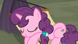 Size: 1920x1080 | Tagged: safe, screencap, character:sugar belle, species:pony, episode:hard to say anything, g4, my little pony: friendship is magic, cute, eyes closed, hammock, sleeping, solo, sugarbetes