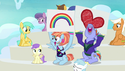 Size: 1920x1090 | Tagged: safe, screencap, character:alula, character:bow hothoof, character:cotton cloudy, character:emerald green, character:green gem, character:pluto, character:sunshower raindrops, character:windy whistles, species:pony, episode:parental glideance, g4, my little pony: friendship is magic, nose in the air, rainbow dash's parents, volumetric mouth