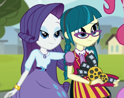 Size: 1083x859 | Tagged: safe, screencap, character:juniper montage, character:pinkie pie, character:rarity, equestria girls:mirror magic, g4, my little pony:equestria girls, bedroom eyes, braid, clothing, cropped, cute, female, geode of shielding, glasses, hat, junibetes, magical geodes, skirt