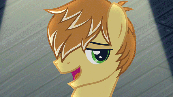Size: 600x338 | Tagged: safe, screencap, character:feather bangs, character:sugar belle, species:earth pony, species:pony, species:unicorn, episode:hard to say anything, g4, my little pony: friendship is magic, animated, annoyed, backing away, eyes closed, floppy ears, gif, singing, smiling, sugar belle is not amused
