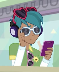 Size: 461x565 | Tagged: safe, screencap, my little pony:equestria girls, background human, carlos thunderbolt, cellphone, cropped, phone, smartphone, solo, sunglasses