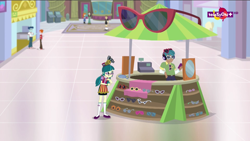 Size: 1920x1080 | Tagged: safe, screencap, character:curly winds, character:heath burns, character:juniper montage, character:scott green, equestria girls:mirror magic, g4, my little pony:equestria girls, background human, canterlot mall, carlos thunderbolt, curly winds, female, golden hazel, heath burns, male, mirror, scott green, some blue guy, sunglasses, teddy t. touchdown, teletoon