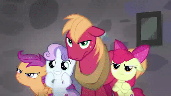 Size: 600x338 | Tagged: safe, screencap, character:apple bloom, character:big mcintosh, character:dear darling, character:fond feather, character:scootaloo, character:sweetie belle, character:swoon song, species:pegasus, species:pony, episode:hard to say anything, g4, my little pony: friendship is magic, animated, bimbettes, cutie mark crusaders, gif, rebus