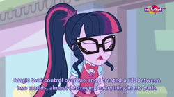Size: 1366x765 | Tagged: safe, screencap, character:twilight sparkle, character:twilight sparkle (scitwi), species:eqg human, equestria girls:mirror magic, g4, my little pony:equestria girls, confession, geode of telekinesis, glasses, magical geodes, solo, subtitles, teletoon