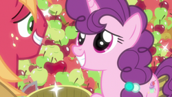 Size: 1280x720 | Tagged: safe, screencap, character:big mcintosh, character:sugar belle, species:pony, ship:sugarmac, episode:hard to say anything, g4, my little pony: friendship is magic, apple, cute, female, food, male, shipping, smiling, sparkles, straight, sugarbetes