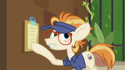 Size: 1920x1080 | Tagged: safe, screencap, character:dave the intern, species:pony, episode:all bottled up, g4, my little pony: friendship is magic, clipboard, ginger locks, manehattan escapes, solo