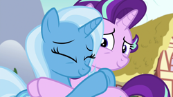Size: 1920x1080 | Tagged: safe, screencap, character:starlight glimmer, character:trixie, species:pony, species:unicorn, episode:all bottled up, g4, my little pony: friendship is magic, best friends, duo, female, hug, mare, smiling