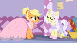 Size: 1365x765 | Tagged: safe, screencap, character:applejack, character:lily lace, species:pony, episode:honest apple, g4, my little pony: friendship is magic, alternate hairstyle, applejack also dresses in style, clothing, discovery family logo, dress, smiling, solo