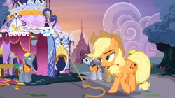 Size: 847x473 | Tagged: safe, screencap, character:applejack, character:hard hat, species:earth pony, species:pony, episode:honest apple, g4, my little pony: friendship is magic, carousel boutique, female, jack hammer, male, mare, rivet, rope, stallion, steam roller (character)