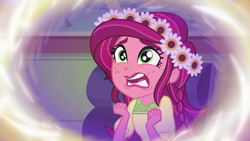 Size: 1280x720 | Tagged: safe, screencap, character:gloriosa daisy, equestria girls:legend of everfree, g4, my little pony:equestria girls, chair, female, frown, glorio-sad daisy, open mouth, sad, scared, sitting, solo, wide eyes