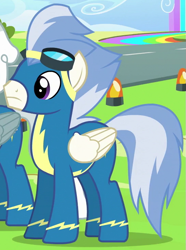 Size: 545x731 | Tagged: safe, screencap, character:silver lining, species:pegasus, species:pony, episode:newbie dash, g4, my little pony: friendship is magic, clothing, cropped, male, solo focus, stallion, uniform, wind waker (character), wonderbolts uniform