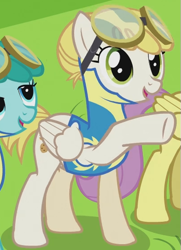 Size: 405x558 | Tagged: safe, screencap, character:parasol, character:spring melody, character:sprinkle medley, character:sugar cookie, species:pegasus, species:pony, episode:wonderbolts academy, background pony, clothing, cropped, female, hair bun, mare, uniform, wonderbolt trainee uniform, wonderbolts uniform