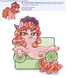 Size: 963x1029 | Tagged: safe, artist:mcponyponypony, species:earth pony, species:pony, episode:the hooffields and mccolts, g4, my little pony: friendship is magic, 4chan, background pony, clothing, couch, female, hat, hooffield family, lidded eyes, looking at you, mare, simple background, solo, thick eyebrows, tree h. hooffield, vulgar, white background