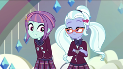 Size: 1920x1080 | Tagged: safe, screencap, character:sugarcoat, character:sunny flare, equestria girls:dance magic, g4, my little pony:equestria girls, adoraflare, arm behind back, clothing, crossed arms, crystal prep academy uniform, cute, dancing, female, glasses, looking at each other, school uniform, smiling, smirk