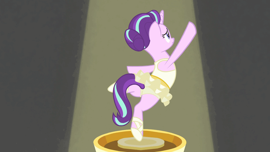 Size: 922x518 | Tagged: safe, screencap, character:starlight glimmer, character:twilight sparkle, character:twilight sparkle (alicorn), species:alicorn, species:pony, species:unicorn, episode:a royal problem, g4, my little pony: friendship is magic, angry, animated, balancing, ballerina, clothing, cute, cutie mark, dream, dress, eye, eye contact, eyes, female, frown, giant pony, giantess, gif, glimmerbetes, glimmerina, gritted teeth, jumping, leotard, lidded eyes, looking at each other, macro, mare, micro, music box, nightmare, open mouth, scared, skirt, spotlight, talking, tutu, upskirt, wide eyes, wingding eyes