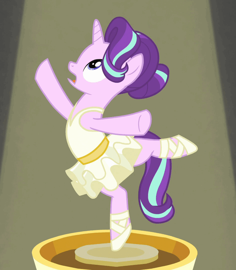 Size: 782x896 | Tagged: safe, screencap, character:starlight glimmer, species:alicorn, species:pony, species:unicorn, episode:a royal problem, g4, my little pony: friendship is magic, animated, ballerina, clothing, cropped, cute, dream, dress, gif, glimmerbetes, glimmerina, hair bun, leotard, micro, music box, scared, shoes, skirt, skirt lift, tutu, upskirt