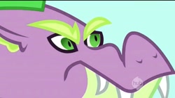 Size: 1280x720 | Tagged: safe, screencap, character:spike, species:dragon, episode:secret of my excess, g4, my little pony: friendship is magic, close-up, hub logo, solo, spikezilla