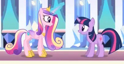 Size: 403x209 | Tagged: safe, screencap, character:princess cadance, character:twilight sparkle, episode:the crystal empire, g4, my little pony: friendship is magic, animated, butt shake, duo, glowing horn, horn, plot, sunshine sunshine
